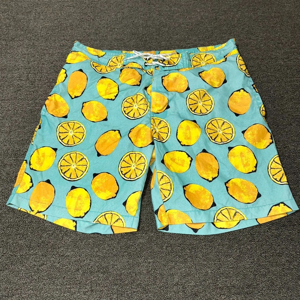 St. John's Bay Swim Shorts Mens XL Blue Yellow Allover Lemon Print Swimwear